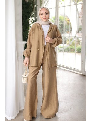 İmaj Butik Camel Kapüşonlu Bol Paça Ceket Pantolonlu Takım