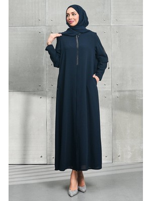 İmaj Butik Lacivert Bisiklet Yaka Taşlı Fermuarlı Ferace