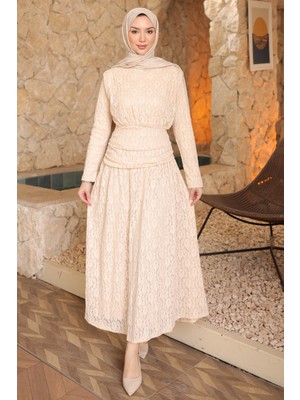 İmaj Butik Bej Güpürlü Bel Detaylı Elbise