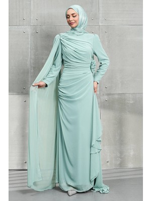 İmaj Butik Mint Yeşili Pelerinli Gül Detaylı Şifon Abiye