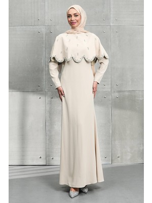 İmaj Butik Bej Seyyar Pelerinli Taşlı Balık Model Abiye