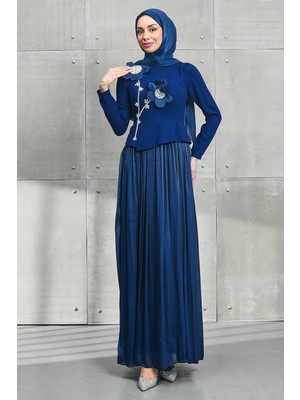 İmaj Butik Lacivert Papatya Detaylı Eteği Pliseli Taşlı Abiye