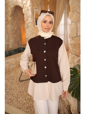 İmaj Butik Kahverengi Kol ve Etek Gömlek Garnili Modal Sweat