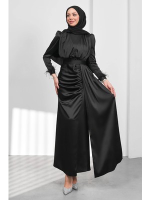 İmaj Butik Siyah Kemerli Önü Drapeli Balık Model Saten Abiye