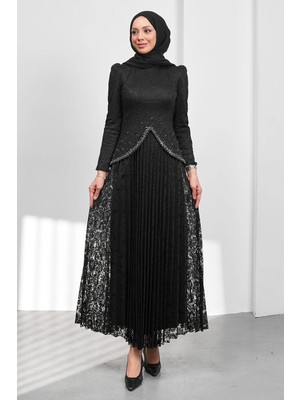 İmaj Butik Siyah Güpürlü Eteği Piliseli Tasarım Abiye