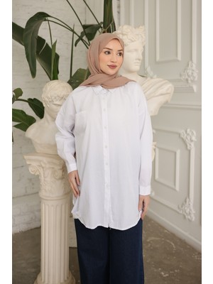 İmaj Butik Beyaz Tek Cepli Eteği Lastikli Tunik Gömlek