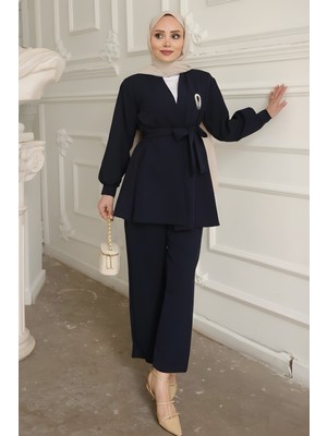 İmaj Butik Lacivert Yaka Bronş Detaylı  Tunik Pantolonlu Takım