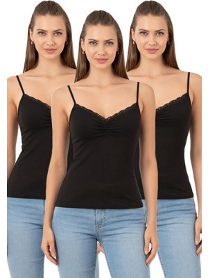 Özkan Underwear Özkan 3167 3'lü Paket Kadın %95 Pamuklu Önü Büzgülü Dantelli Ip Askılı Penye Atlet