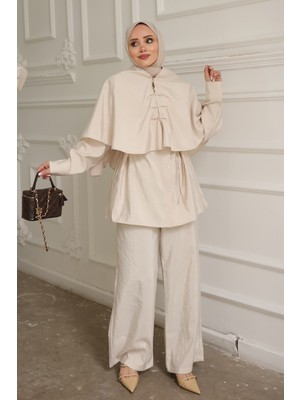 İmaj Butik Bej Pelerin Detaylı Tunik Pantolonlu Takım