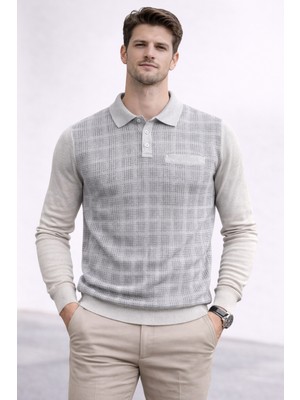 Karaca %50 Yün %50 Akrilik Polo Yaka Kare Desenli Kazak