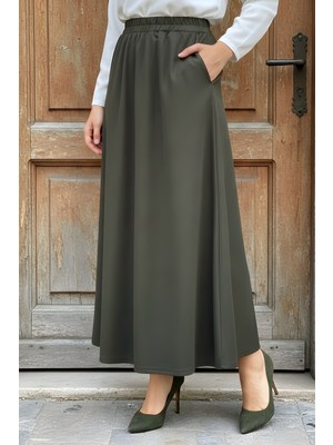 İmaj Butik Haki Bel Lastikli Cepli Kloş Etek