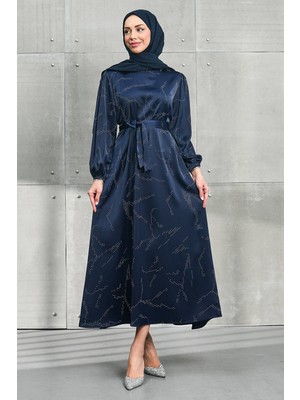İmaj Butik Lacivert Taşlı Kuşaklı Saten Elbise