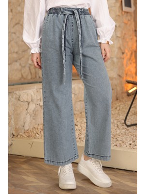 İmaj Butik Mavi Beli Kuşaklı Bol Paça Kot Pantolon