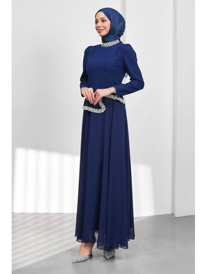 İmaj Butik Saks Mavi Asimetrik Detaylı Taşlı Abiye