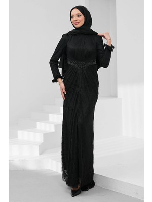 İmaj Butik Siyah Bel Detaylı Balık Model Güpürlü Abiye