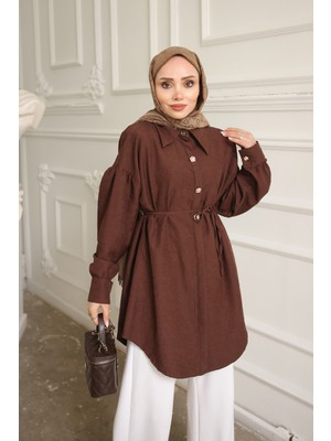 İmaj Butik Kahverengi Kendinden Desenli Ip Detaylı Gömlek