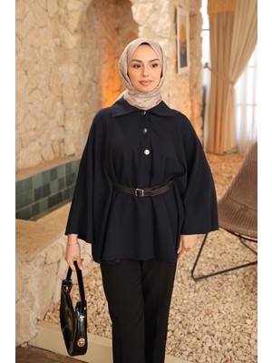 İmaj Butik Lacivert Kemerli Düğmeli Dabıl Panço