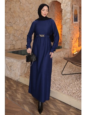 İmaj Butik Lacivert Zincir Kuşaklı Fitilli Uzun Elbise