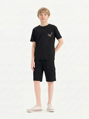 Broco Erkek Kız Çocuk Kombini Alt-Üst Takım Şort   Baskılı T-Shirt Uçan Turna