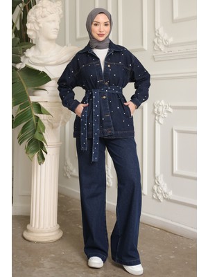 İmaj Butik Lacivert Taşlı Kot Ceket Pantolonlu Takım