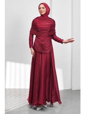 İmaj Butik Bordo Seyyar Pelerinli Drapeli Abiye