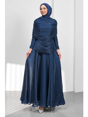 İmaj Butik Lacivert Seyyar Pelerinli Drapeli Abiye