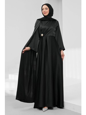 İmaj Butik Siyah Omuz Şal Detaylı Broşlu Saten Abiye