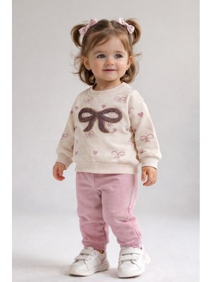 Dinamik çocuk Kız Bebek Kalp Fiyonk Nakışlı 2'li Alt Üst Takım 2iplik Mevsimlik Eşofman Takımı 3-12AY