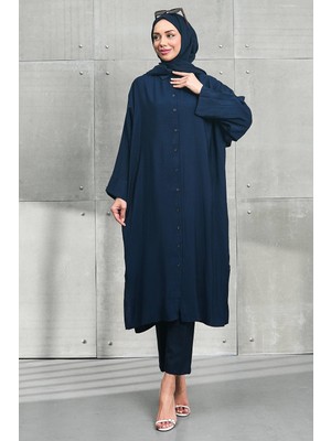 İmaj Butik Lacivert Yanları Yırtmaçlı Düğmeli Tunik