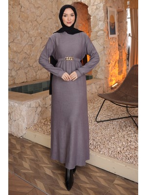 İmaj Butik Gri Zincir Kuşaklı Fitilli Uzun Elbise