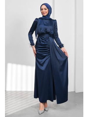 İmaj Butik Lacivert Kemerli Önü Drapeli Balık Model Saten Abiye