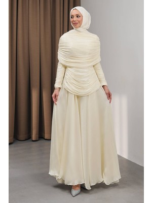 İmaj Butik Krem Seyyar Pelerinli Drapeli Abiye