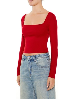 F21 Kare Yaka Uzun Kollu Tişört