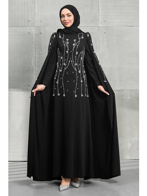 İmaj Butik Siyah Kolları Pelerinli Taşlı Abiye