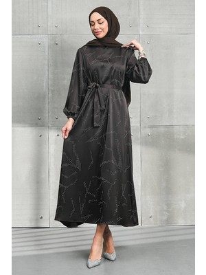 İmaj Butik Kahverengi Taşlı Kuşaklı Saten Elbise