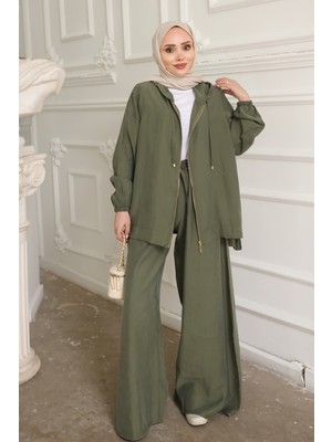 İmaj Butik Haki Kapüşonlu Bol Paça Ceket Pantolonlu Takım