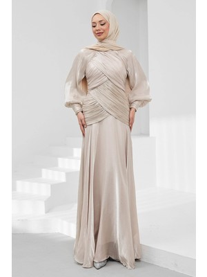 İmaj Butik Taş Önü Drapeli Balon Kol Işıltılı Abiye