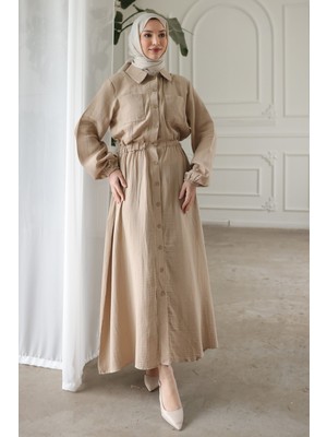 İmaj Butik Bej Kol ve Bel Lastikli Düğmeli Çift Cepli Elbise