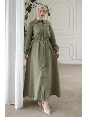 İmaj Butik Haki Kol ve Bel Lastikli Düğmeli Çift Cepli Elbise