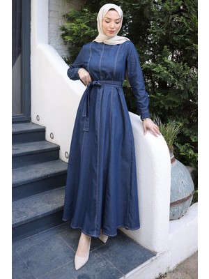 İmaj Butik Koyu Mavi Bisiklet Yaka Kuşaklı Kot Elbise