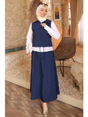 İmaj Butik Lacivert Yelek Gömlek Etek Üçlü Takım