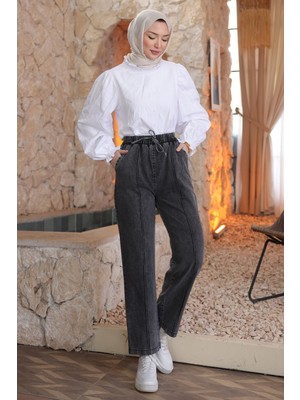 İmaj Butik Füme Bel Lastikli Çimalı Kot Pantolon