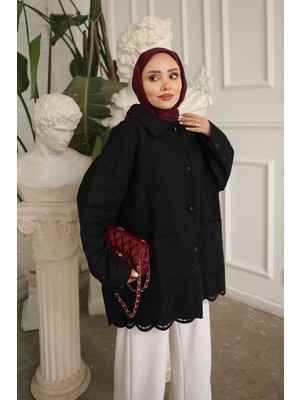 İmaj Butik Siyah Eteği Nakış Işlemeli Gabardin Ceket