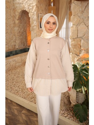 İmaj Butik Bej Kol ve Etek Gömlek Garnili Modal Sweat