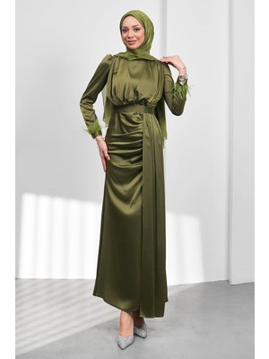 İmaj Butik Haki Kemerli Önü Drapeli Balık Model Saten Abiye