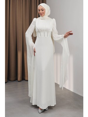 İmaj Butik Ekru Kol Detaylı Balık Model Taşlı Abiye