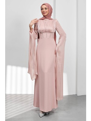 İmaj Butik Pudra Kol Detaylı Balık Model Taşlı Abiye