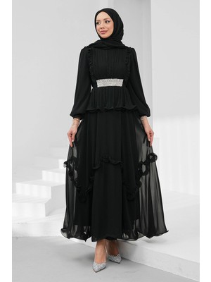 İmaj Butik Siyah Beli Taşlı Pliseli Şifon Abiye