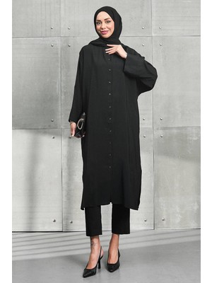 İmaj Butik Siyah Yanları Yırtmaçlı Düğmeli Tunik