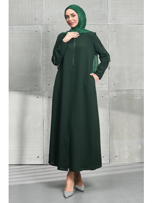 İmaj Butik Haki Bisiklet Yaka Taşlı Fermuarlı Ferace